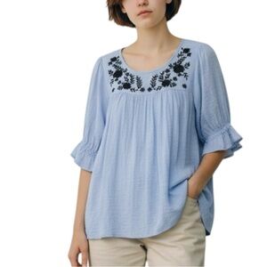 KORI Embroidered Puff Short Sleeve Top in Light Blue Size Large